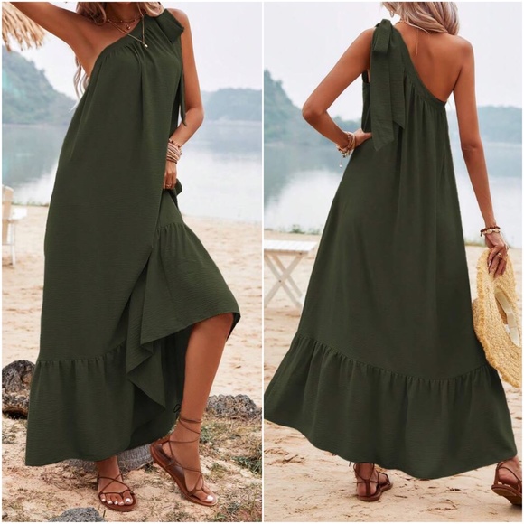 Solid One Shoulder Tie Ruffle Hem Maxi Dress - Picture 4 of 6